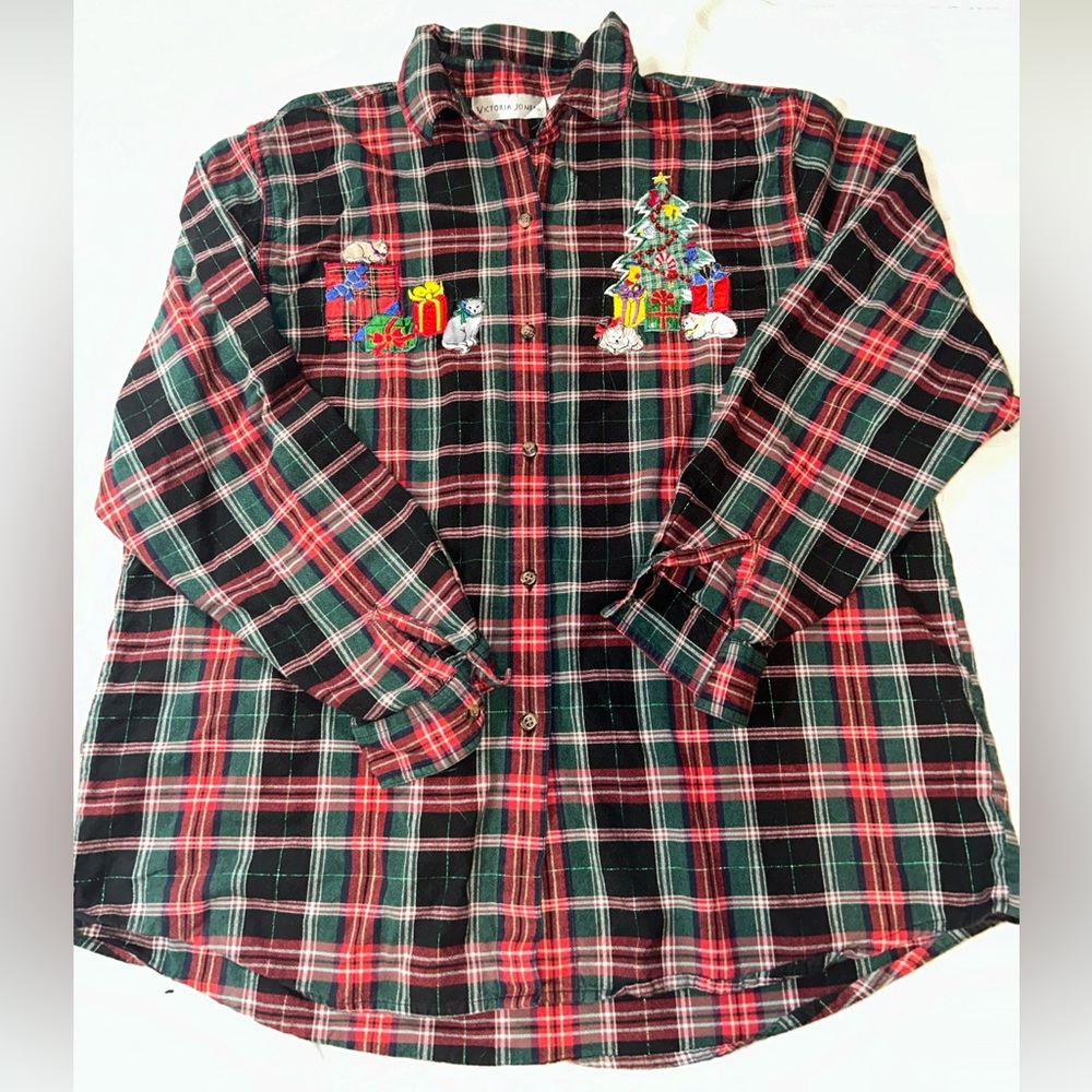 Vintage Victoria Jones Shirt Women XL Christmas Red Plaid Patches Kitty Cats